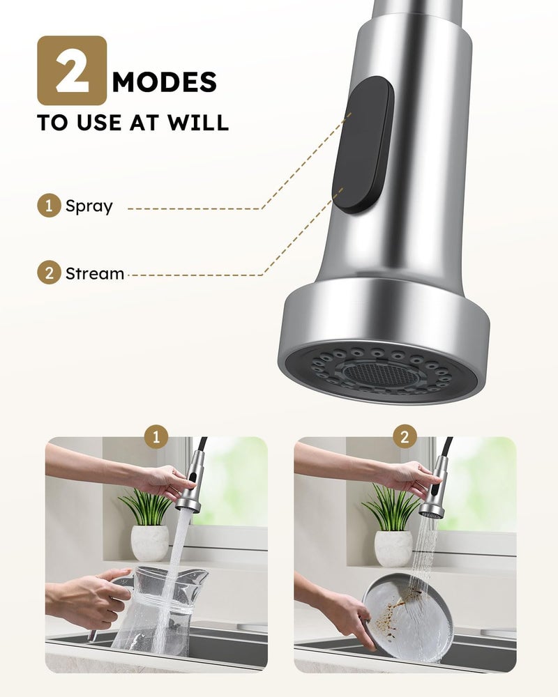 Arofa Kitchen Faucet with Soap Dispenser, Stainless Steel Sink Faucets with Pull-Down Sprayer 2 Mode, Single Handle RV Faucet for 1 or 3 Hole, Brushed Nickel Kitchen Faucets with Sprayer - Image 4